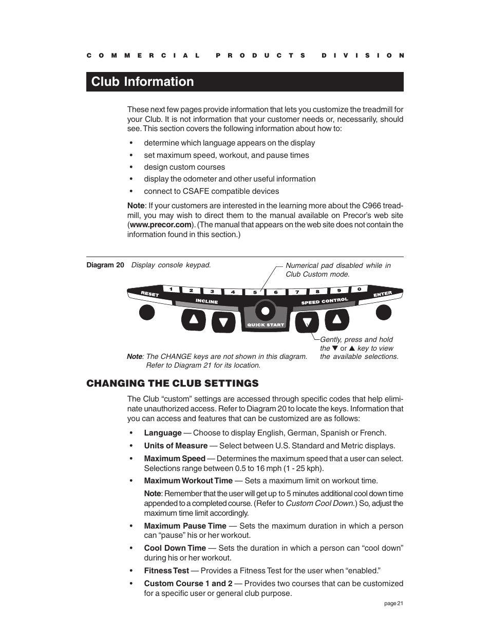 Club information, Changing the club settings | Precor C966 User Manual | Page 21 / 56