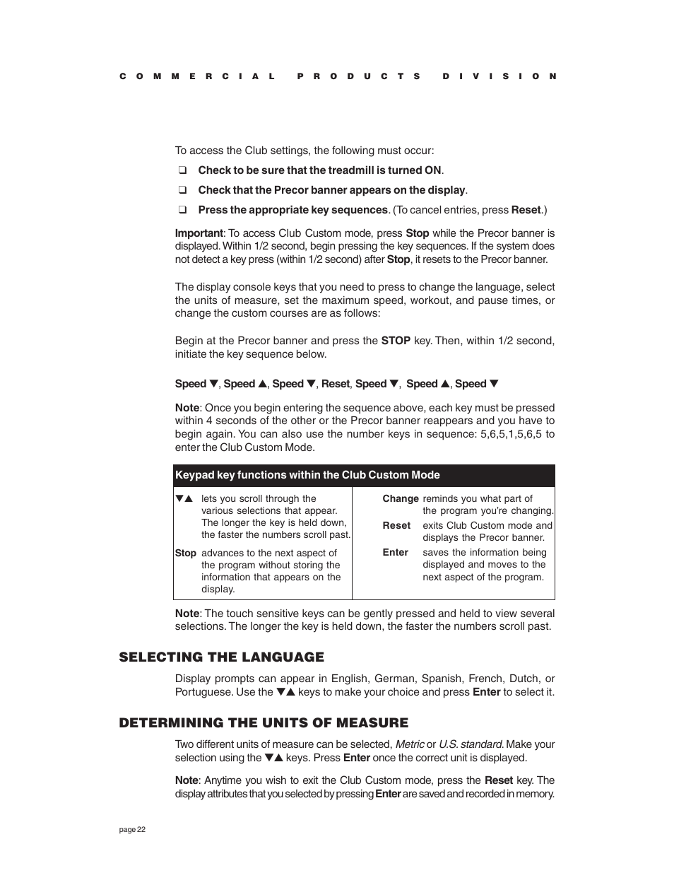 Selecting the language, Determining the units of measure | Precor C966 User Manual | Page 22 / 56
