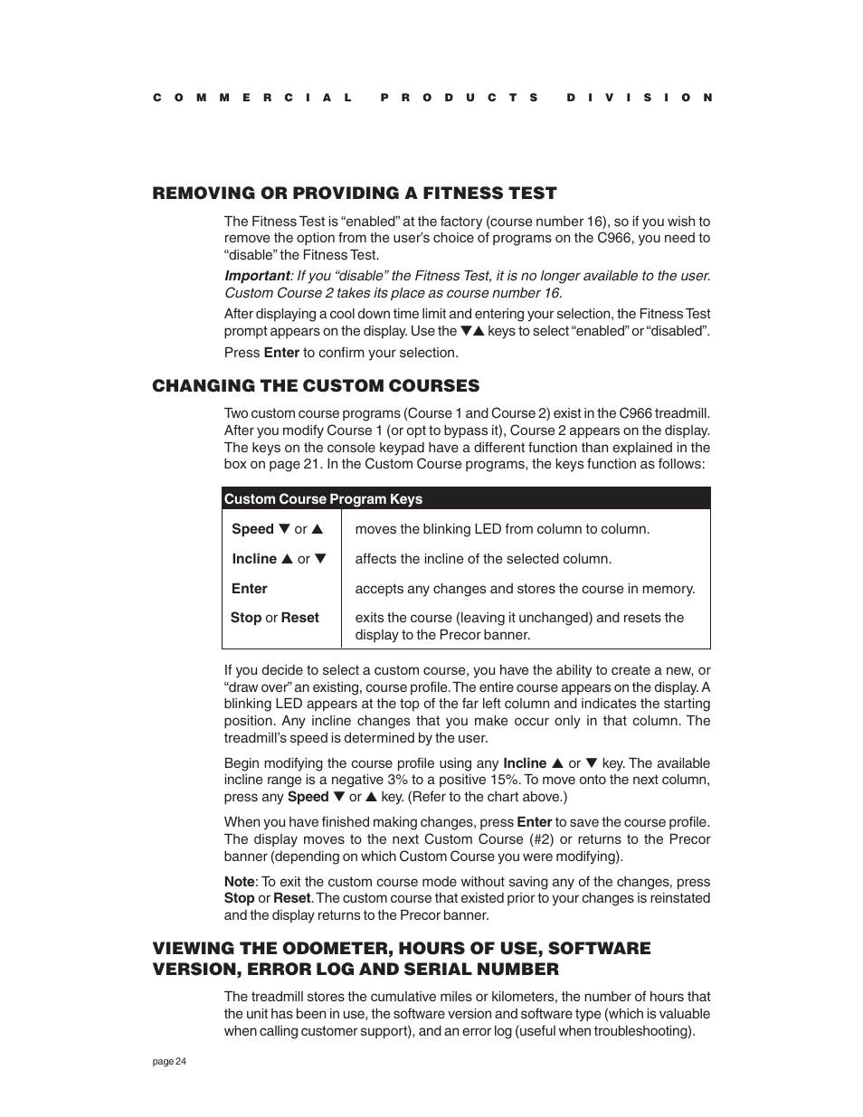 Removing or providing a fitness test, Changing the custom courses | Precor C966 User Manual | Page 24 / 56