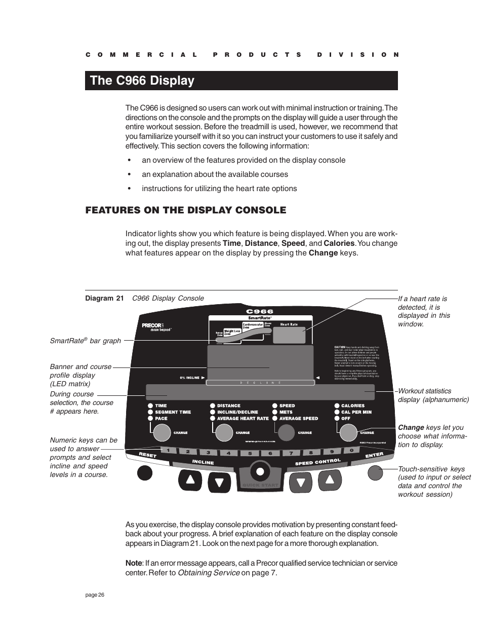 The c966 display, Features on the display console | Precor C966 User Manual | Page 26 / 56