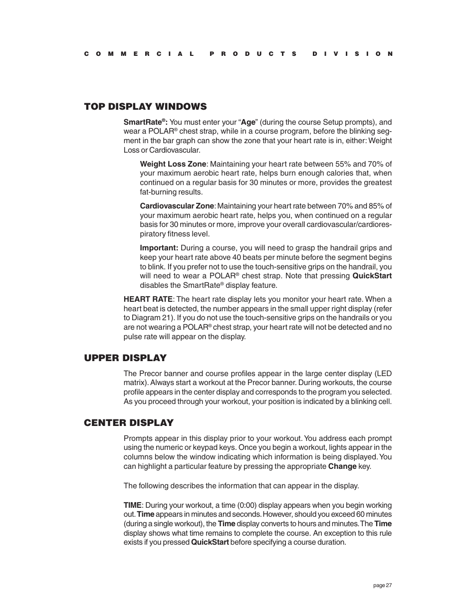 Top display windows, Upper display, Center display | Precor C966 User Manual | Page 27 / 56