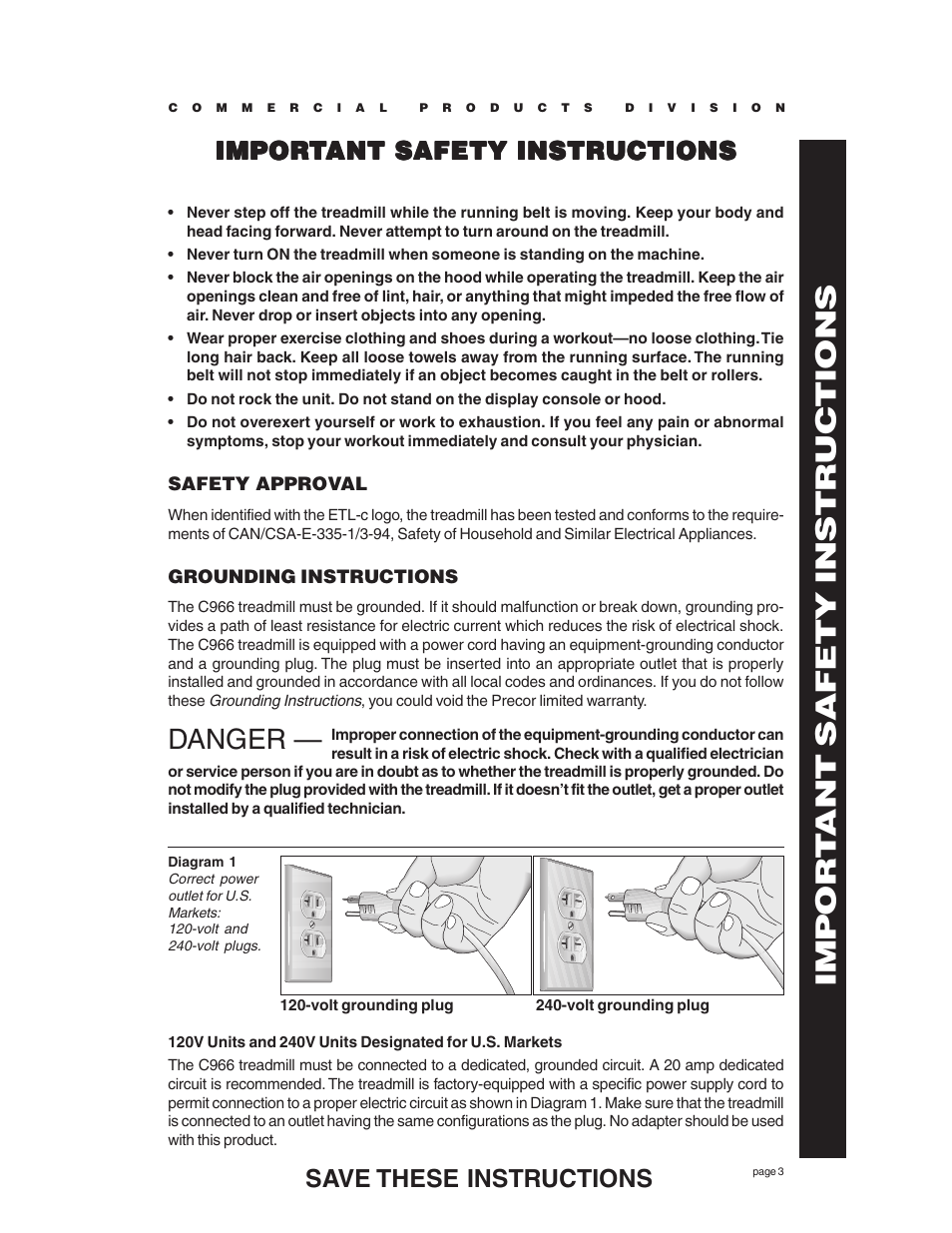 Safety approval, Grounding instructions, Danger — impor t ant safety instructions | Precor C966 User Manual | Page 3 / 56