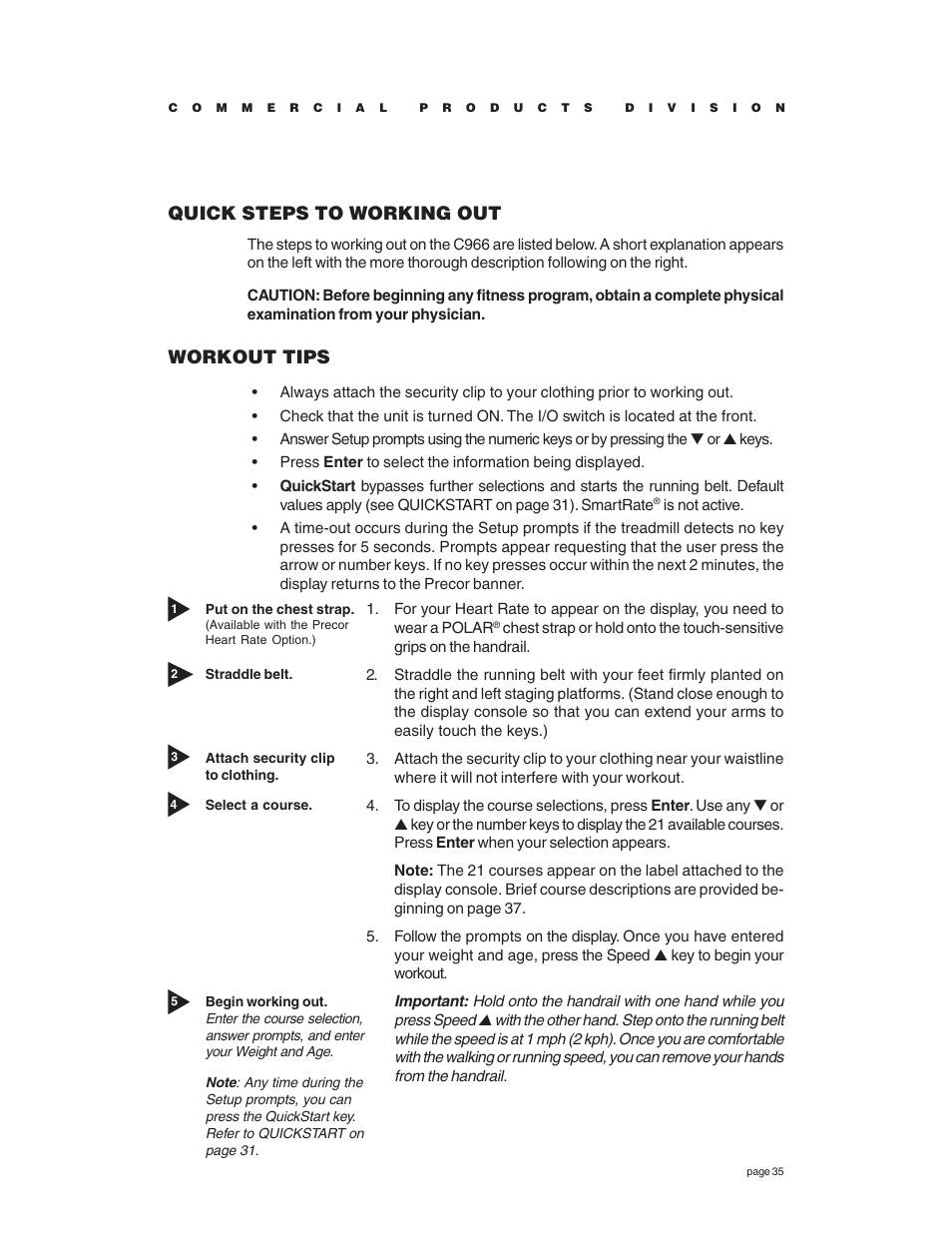 Quick steps to working out, Workout tips | Precor C966 User Manual | Page 35 / 56