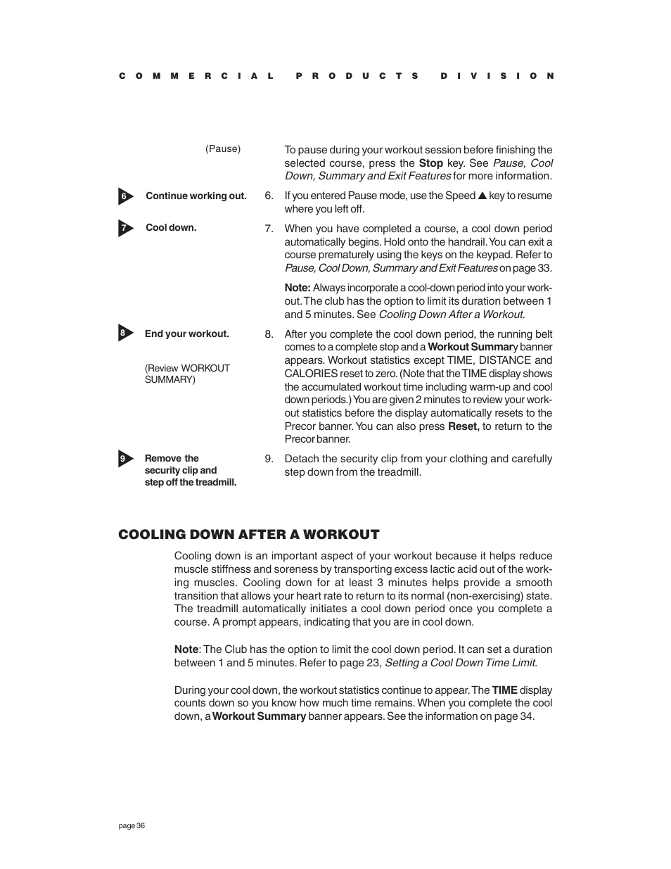 Cooling down after a workout | Precor C966 User Manual | Page 36 / 56