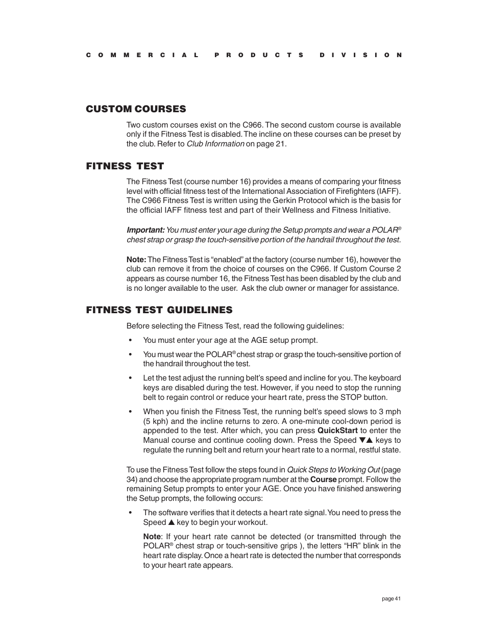 Custom courses, Fitness test, Fitness test guidelines | Precor C966 User Manual | Page 41 / 56