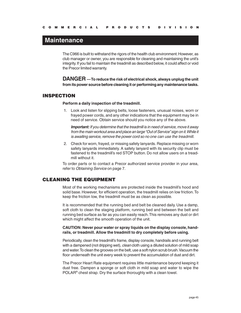 Maintenance, Inspection, Cleaning the equipment | Danger | Precor C966 User Manual | Page 45 / 56