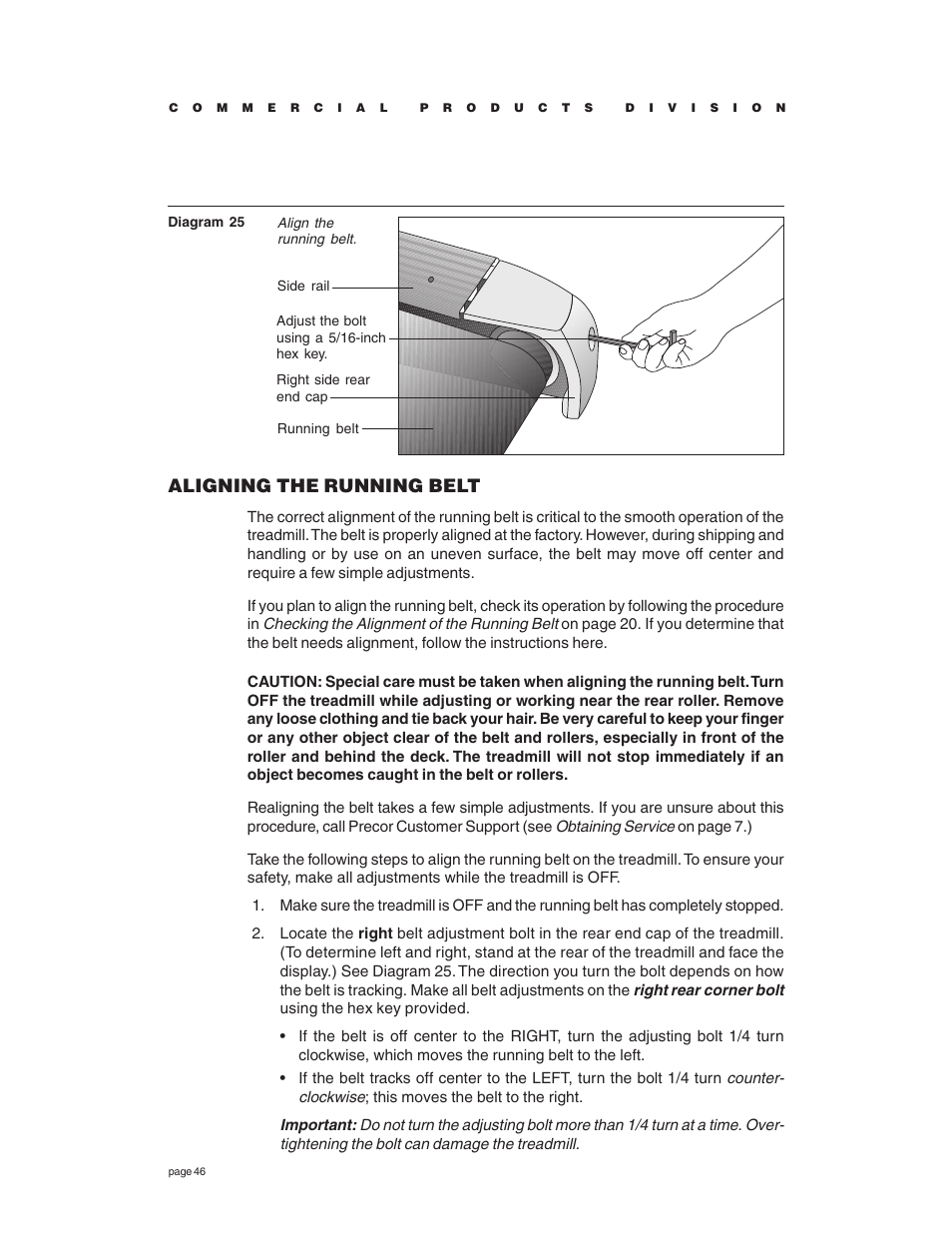 Aligning the running belt | Precor C966 User Manual | Page 46 / 56