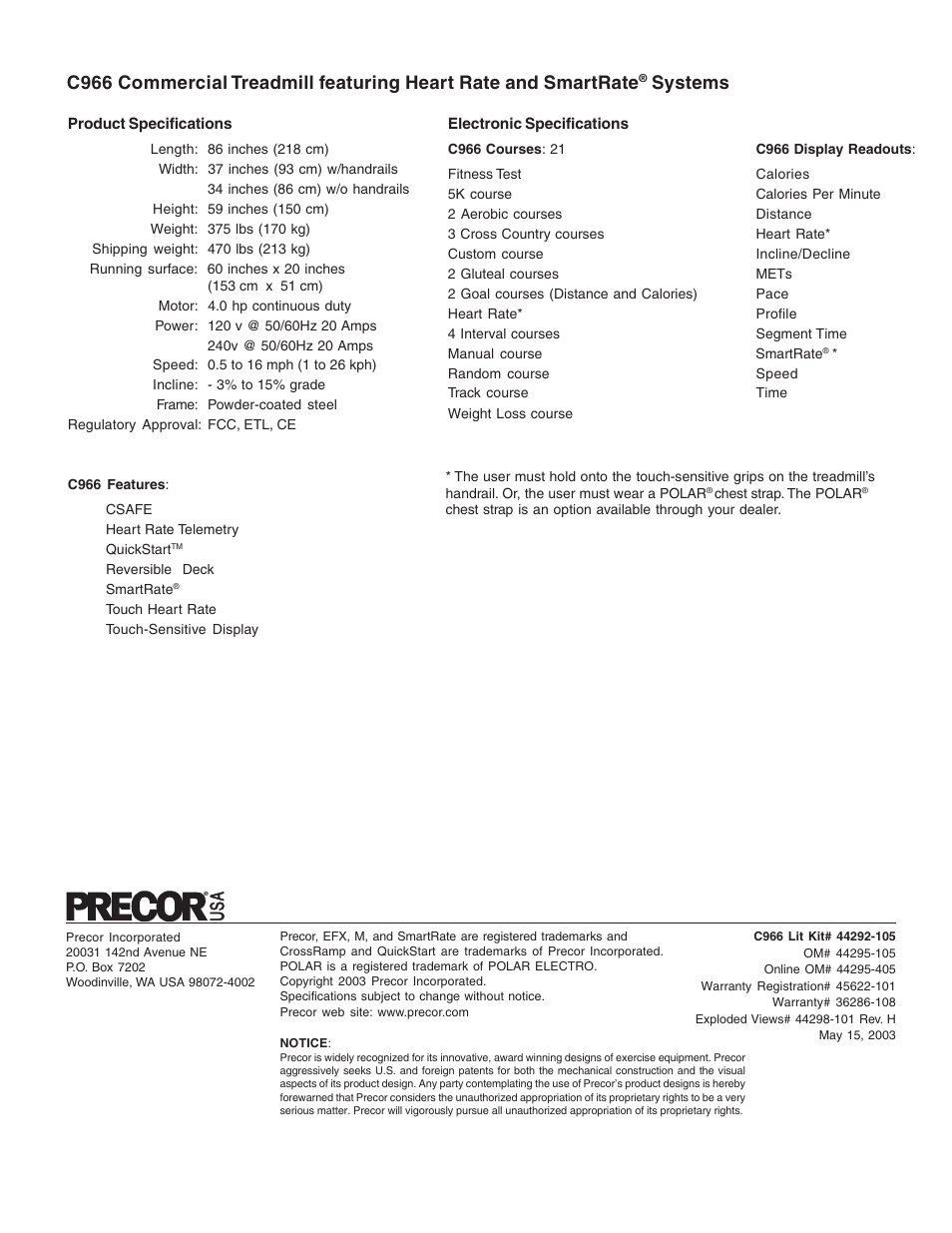 C966 product specifications, Systems | Precor C966 User Manual | Page 56 / 56