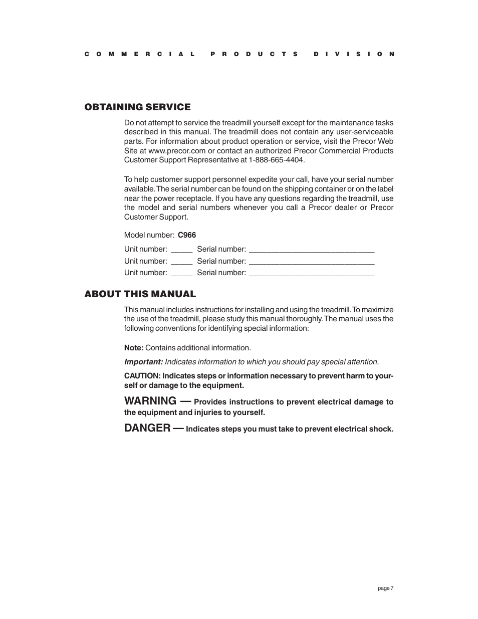 Obtaining service, About this manual, Warning | Danger | Precor C966 User Manual | Page 7 / 56