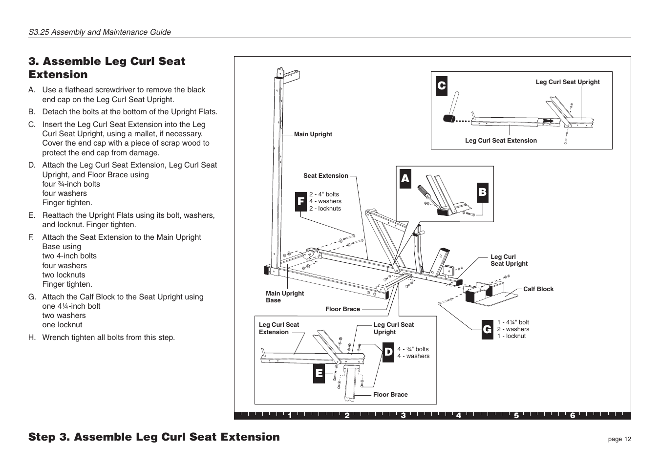 Assemble leg curl seat extension, Step 3. assemble leg curl seat extension f, Bc g | Precor Strength-Training S3.25 User Manual | Page 12 / 44