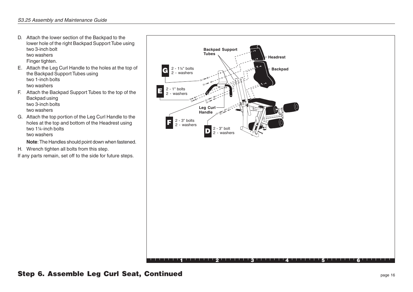 Step 6. assemble leg curl seat, continued d g | Precor Strength-Training S3.25 User Manual | Page 16 / 44