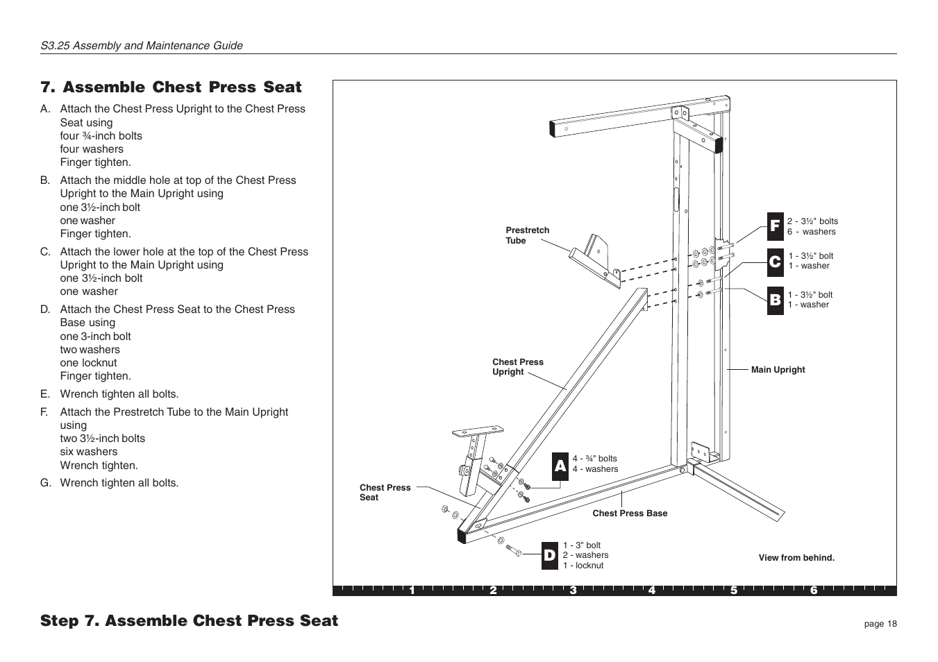 Assemble chest press seat, Step 7. assemble chest press seat f b d | Precor Strength-Training S3.25 User Manual | Page 18 / 44