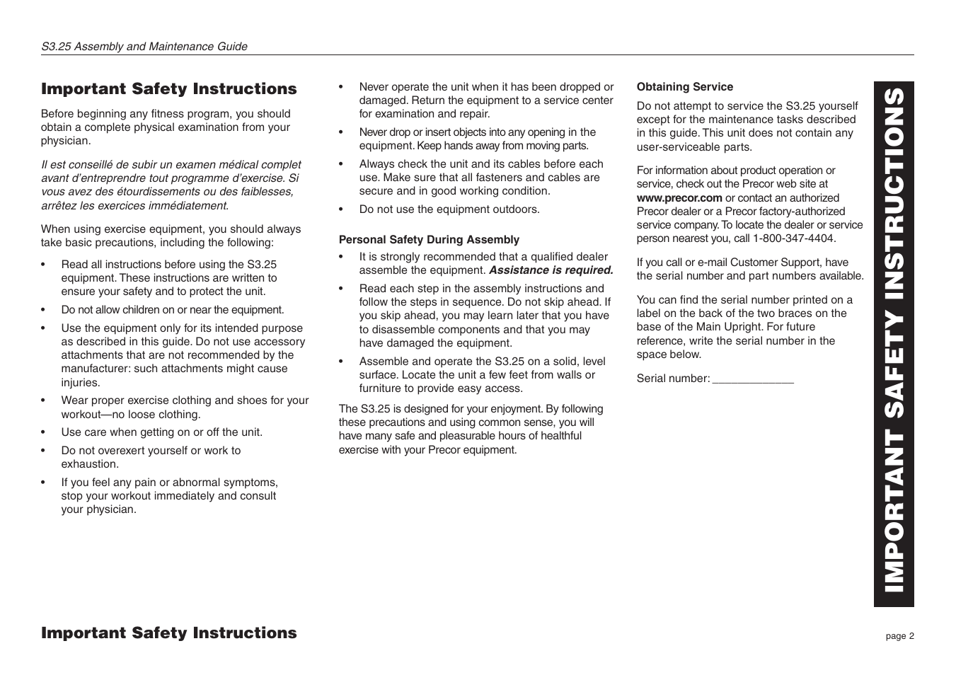 Important safety instructions, Personal safety during assembly, Obtaining service | Impor t ant safety instructions | Precor Strength-Training S3.25 User Manual | Page 2 / 44