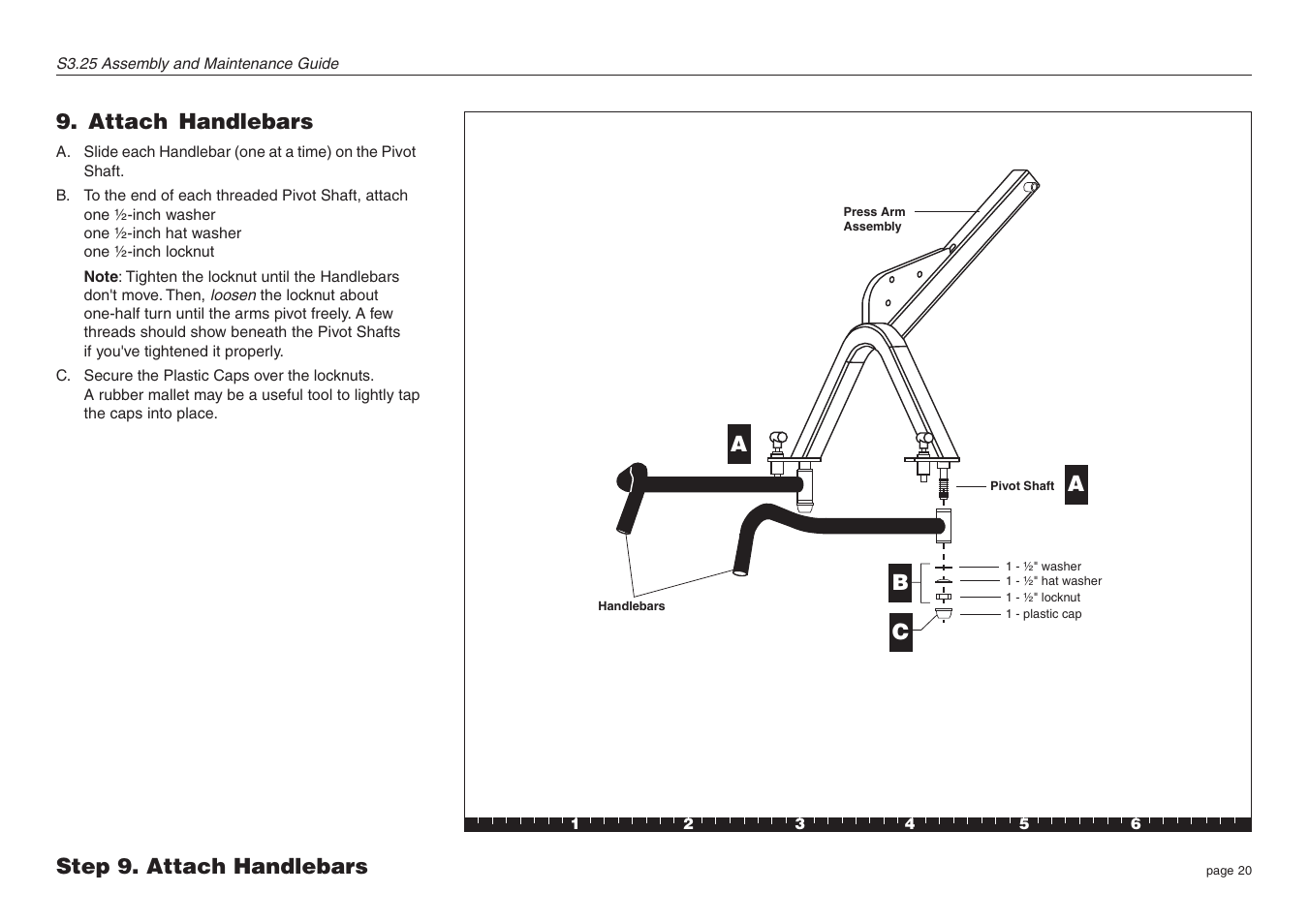 Attach handlebars, Step 9. attach handlebars, Ab c | Precor Strength-Training S3.25 User Manual | Page 20 / 44