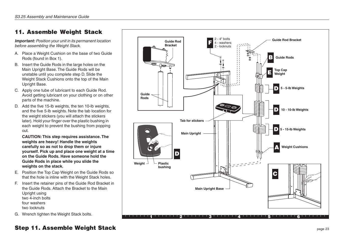 Assemble weight stack, Step 11. assemble weight stack f | Precor Strength-Training S3.25 User Manual | Page 23 / 44