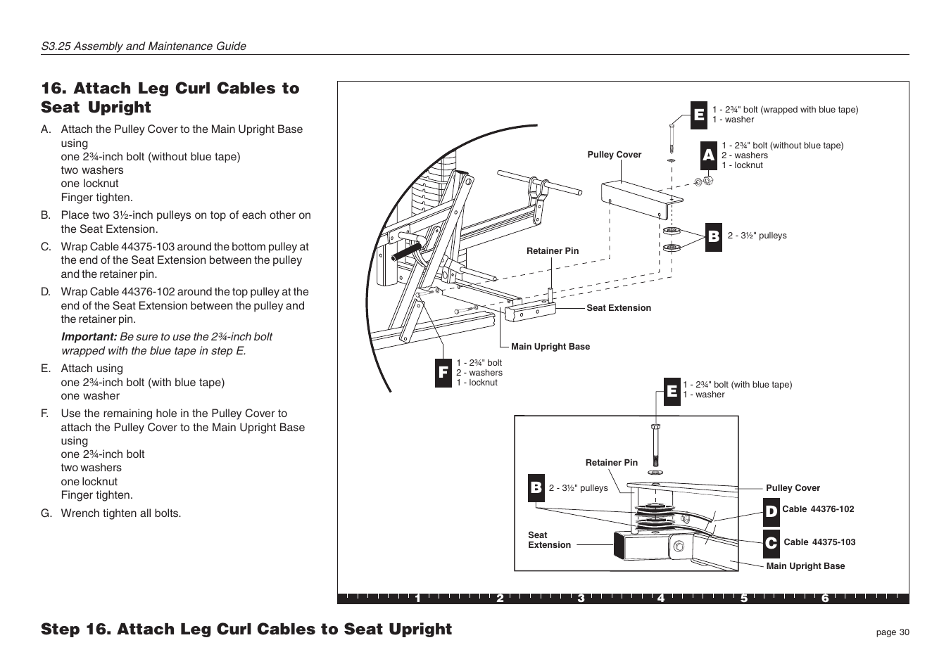 Attach leg curl cables to seat upright, Step 16. attach leg curl cables to seat upright, Dc b | Precor Strength-Training S3.25 User Manual | Page 30 / 44