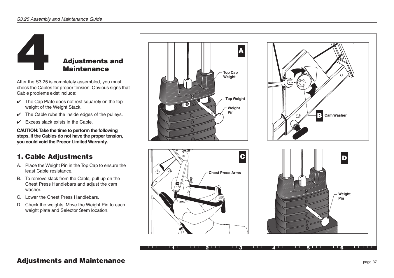 Adjustments and maintenance, Cable adjustments | Precor Strength-Training S3.25 User Manual | Page 37 / 44