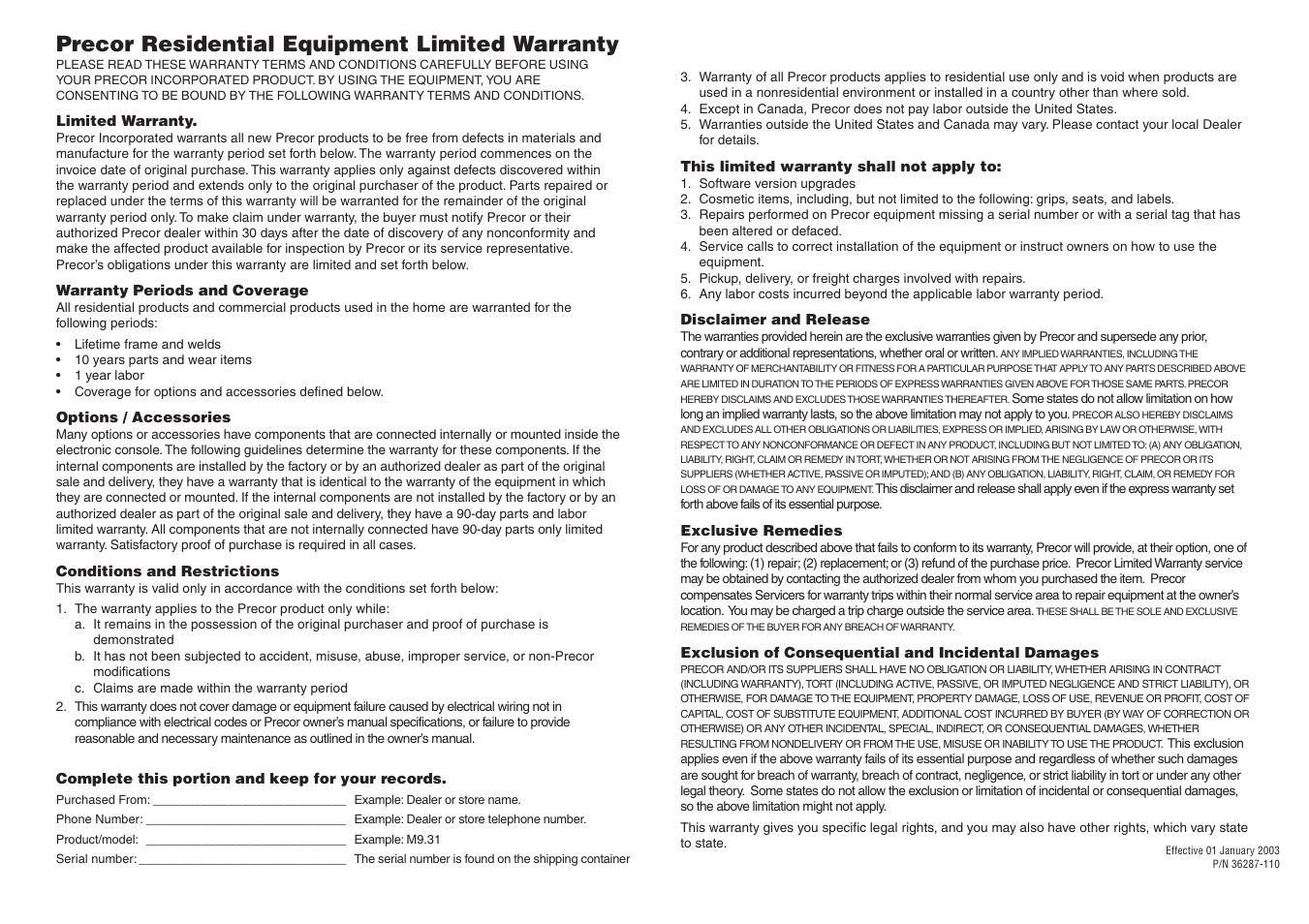 Precor residential equipment limited warranty | Precor Strength-Training S3.25 User Manual | Page 43 / 44