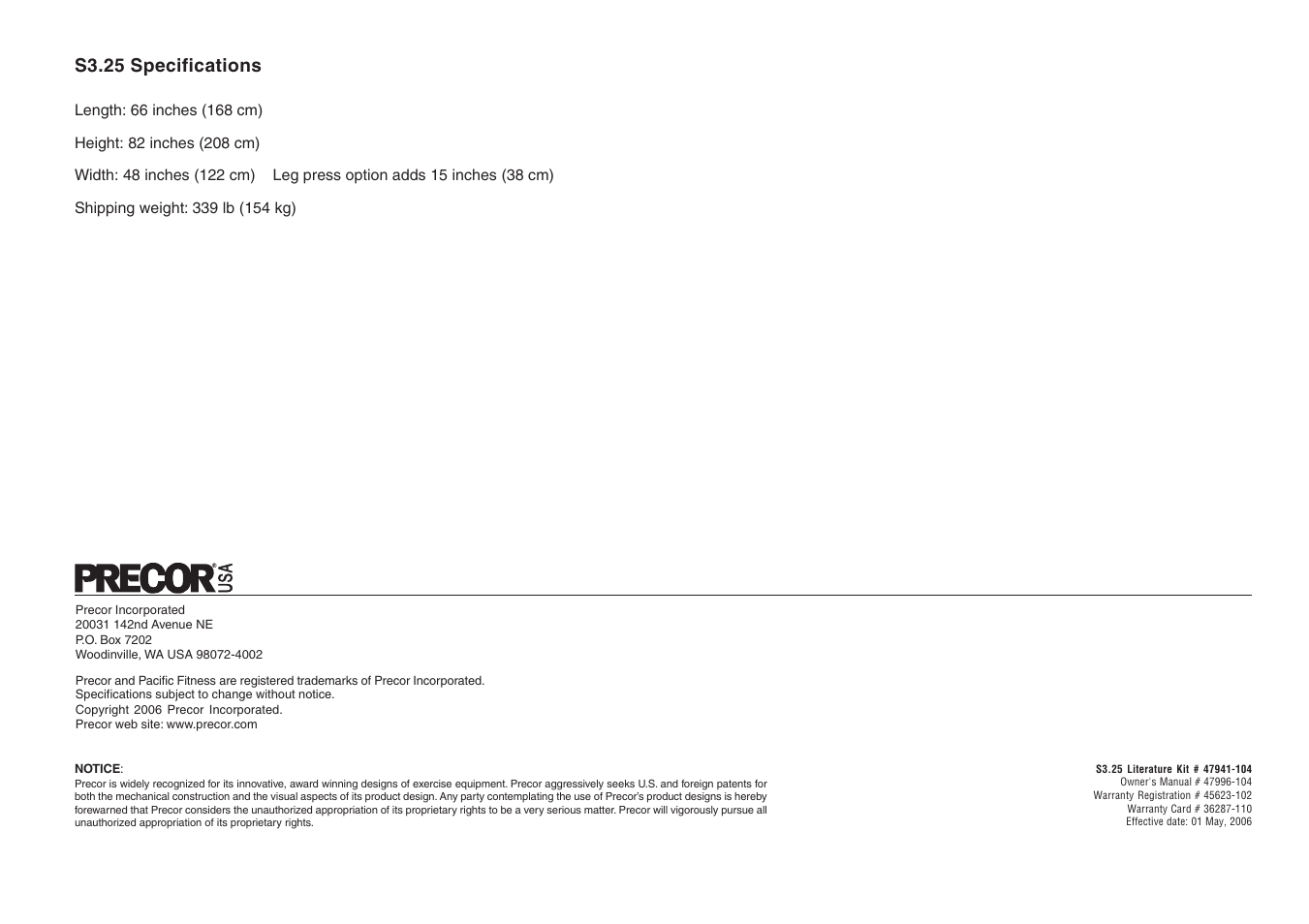 S3.25 specifications | Precor Strength-Training S3.25 User Manual | Page 44 / 44