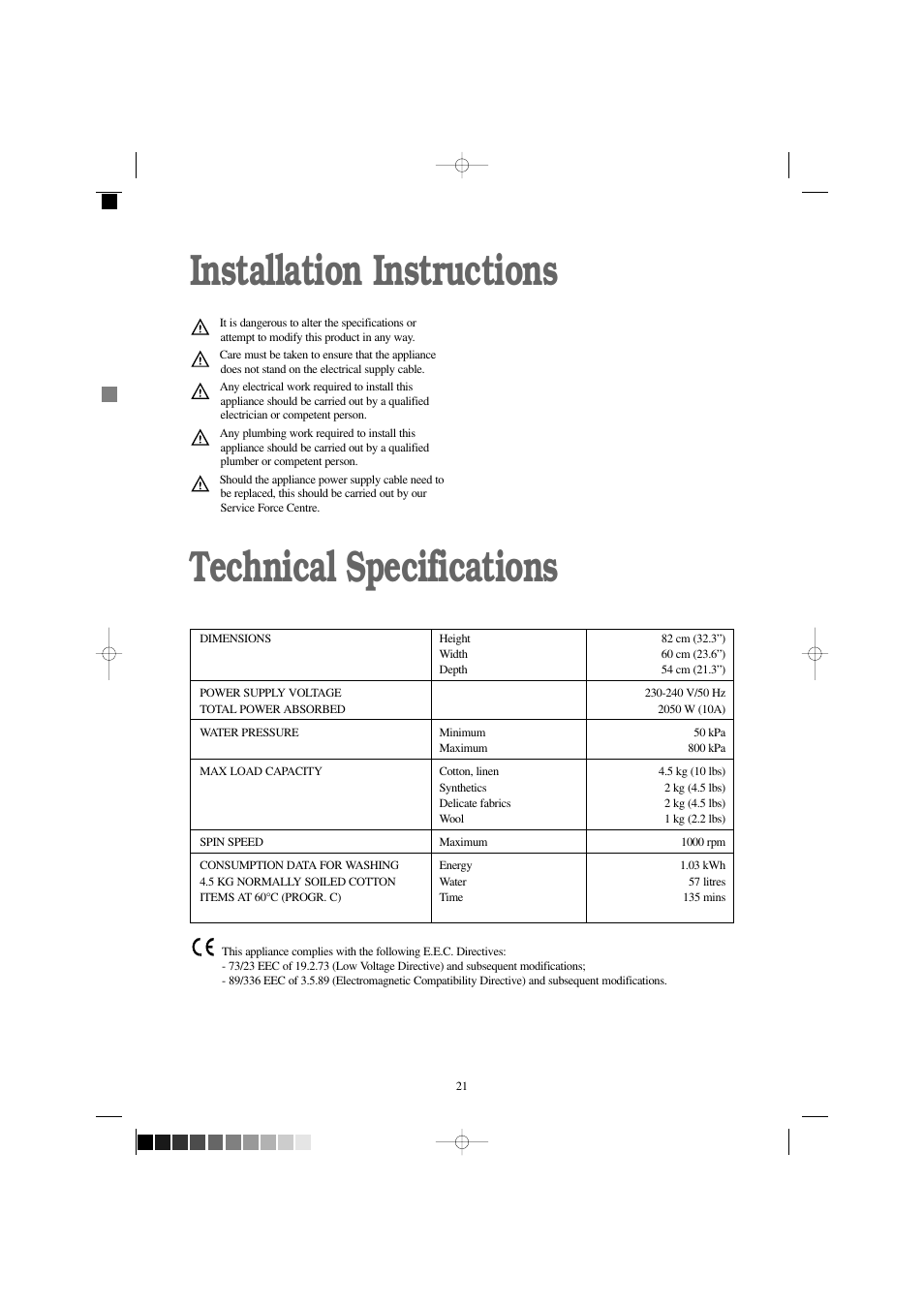 Installation instructions technical specifications | Prima Donna Designs LPR 710 User Manual | Page 21 / 28