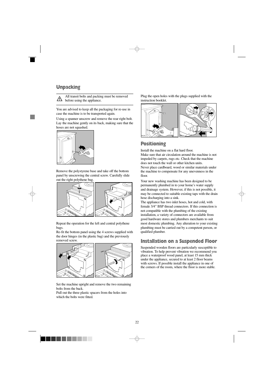 Unpacking, Positioning, Installation on a suspended floor | Prima Donna Designs LPR 710 User Manual | Page 22 / 28