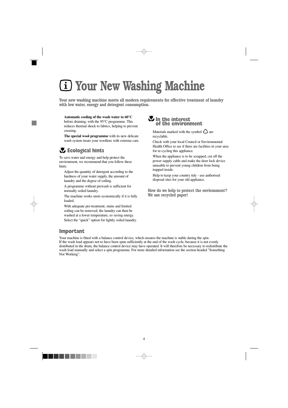 Your new washing machine, Ecological hints, Important | Prima Donna Designs LPR 710 User Manual | Page 4 / 28