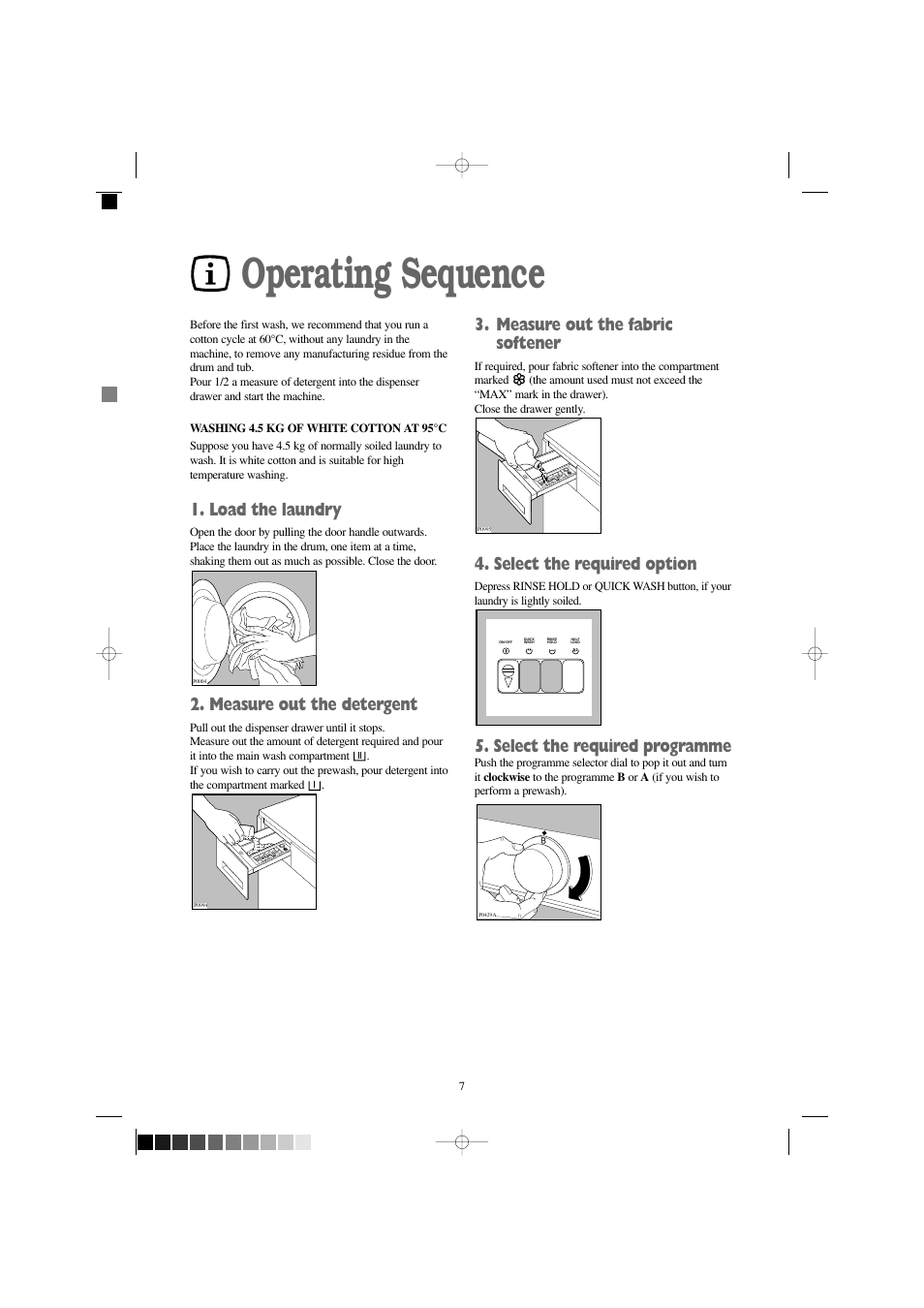 Operating sequence, Load the laundry, Measure out the detergent | Measure out the fabric softener, Select the required option, Select the required programme | Prima Donna Designs LPR 710 User Manual | Page 7 / 28