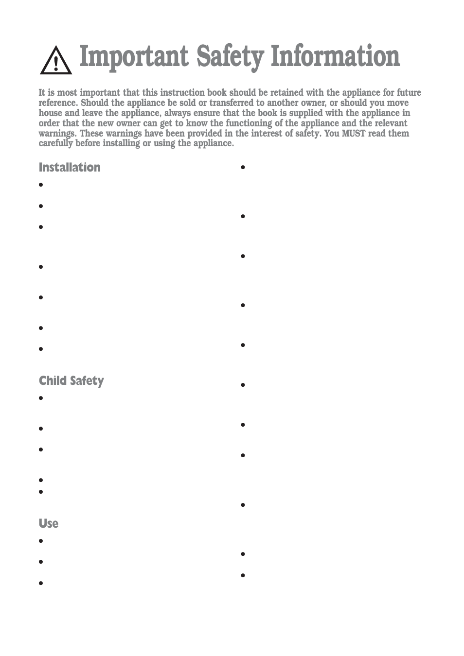 Important safety information, Installation, Child safety | Prima Donna Designs LPR 721 User Manual | Page 2 / 31