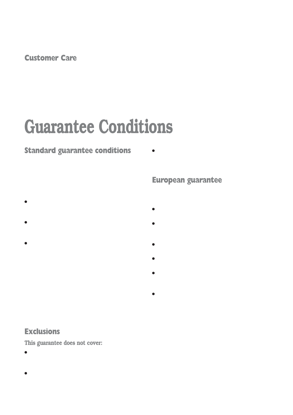 Guarantee conditions, Standard guarantee conditions, Exclusions | European guarantee, Customer care | Prima Donna Designs LPR 721 User Manual | Page 23 / 31