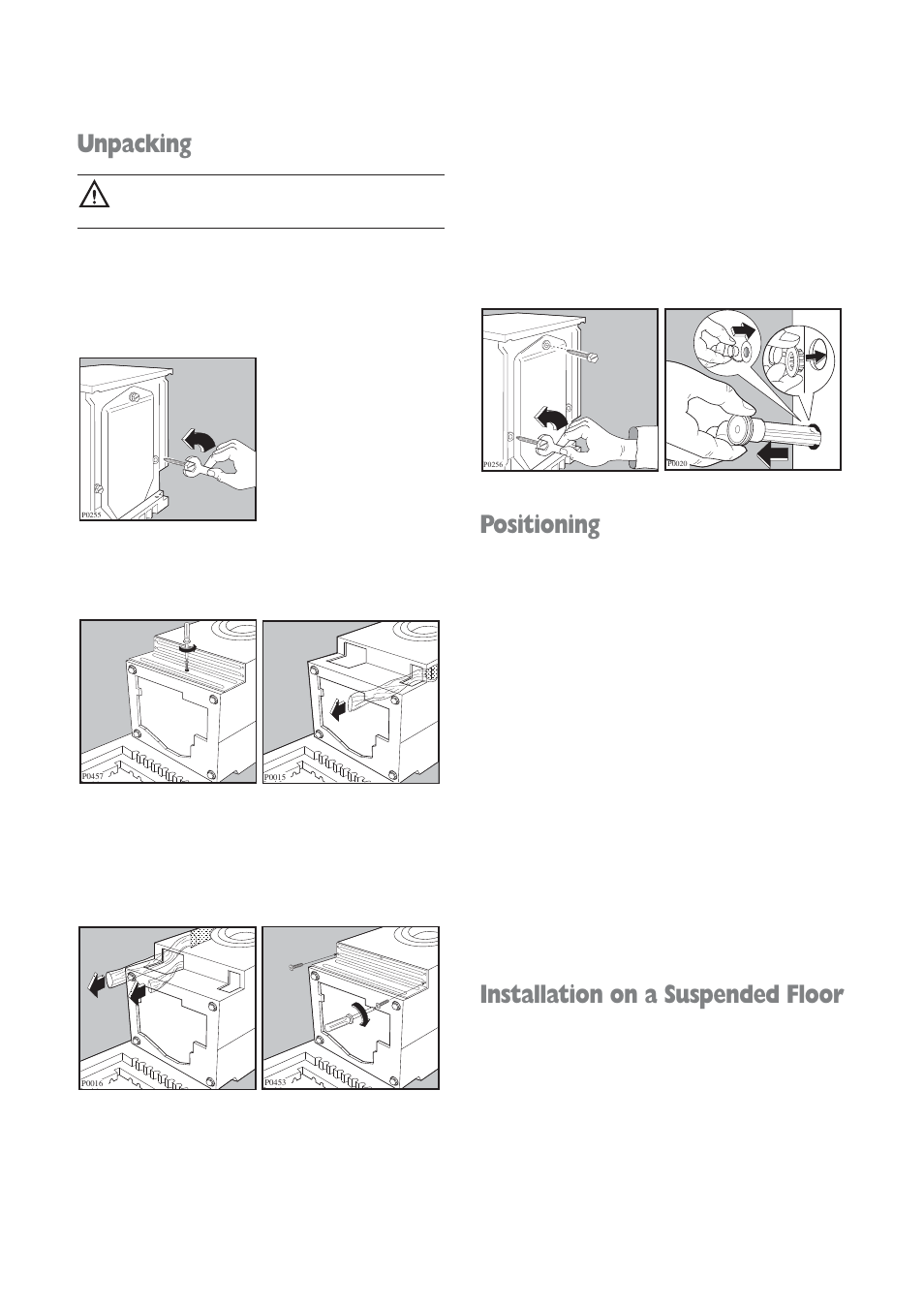 Positioning, Installation on a suspended floor, Unpacking | Prima Donna Designs LPR 721 User Manual | Page 25 / 31