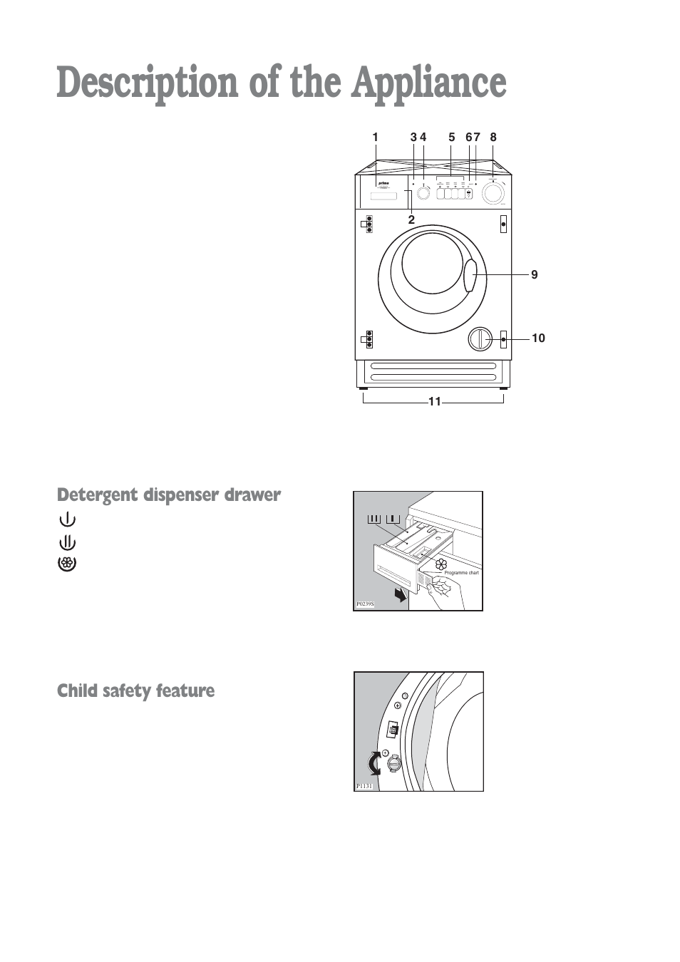 Description of the appliance, Detergent dispenser drawer, Child safety feature | Prima Donna Designs LPR 721 User Manual | Page 5 / 31