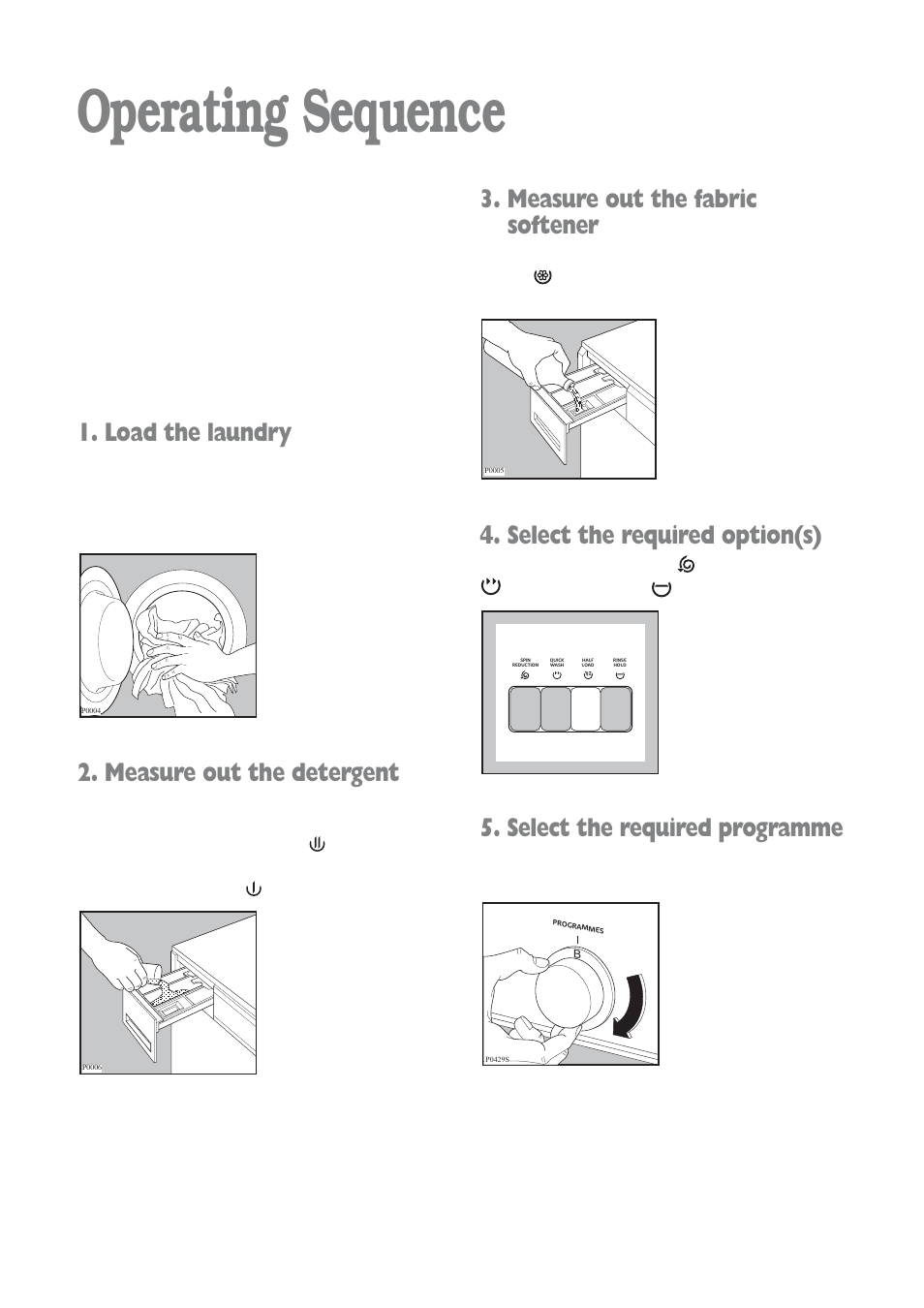 Operating sequence, Measure out the fabric softener, Select the required option(s) | Select the required programme, Load the laundry, Measure out the detergent | Prima Donna Designs LPR 721 User Manual | Page 8 / 31