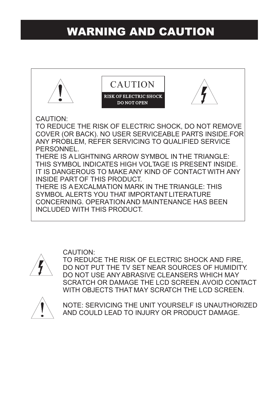 Warning and caution | Prima Donna Designs LV-1510P User Manual | Page 2 / 38