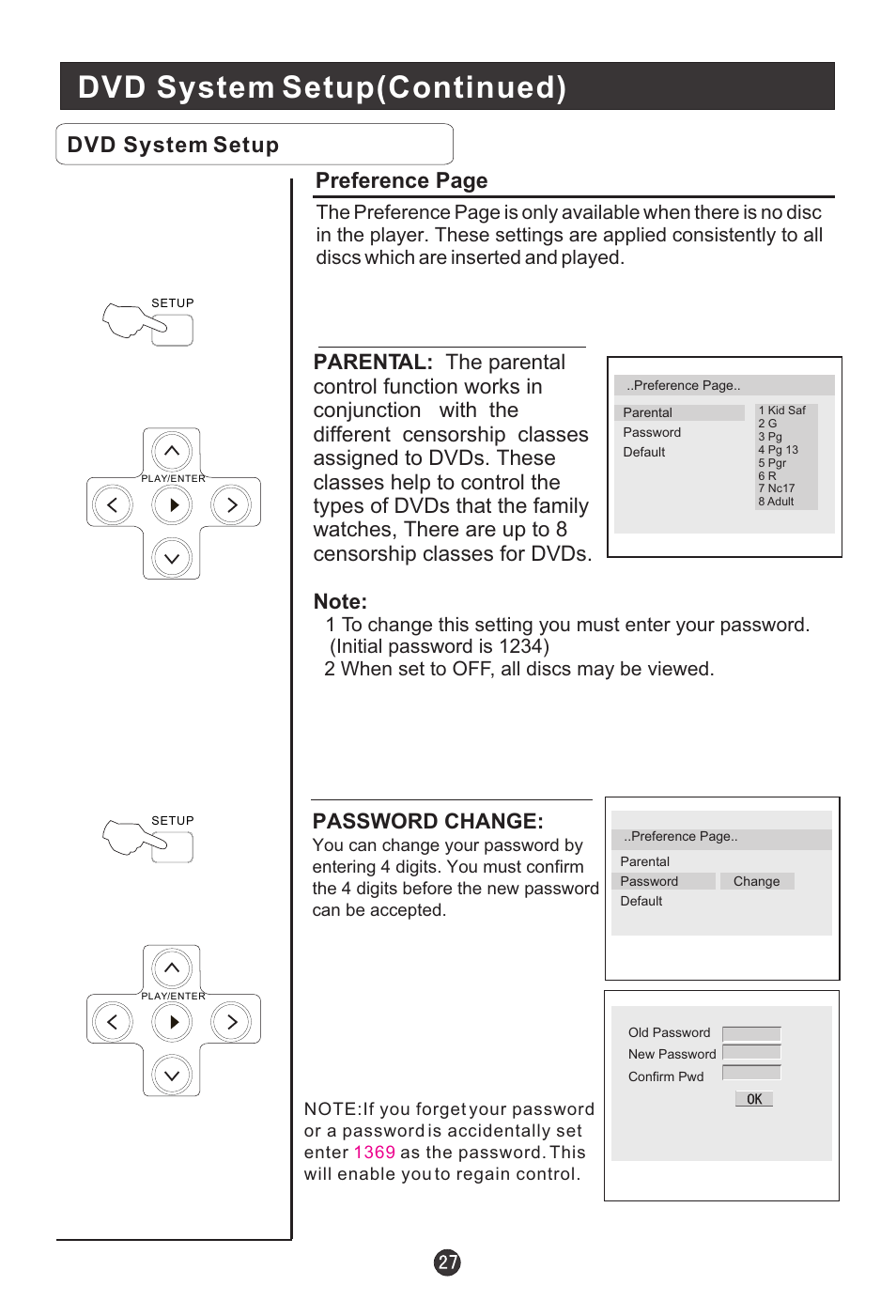 Dvd system setup(continued), Dvd system setup, Preference page | Password change | Prima Donna Designs LV-1510P User Manual | Page 31 / 38