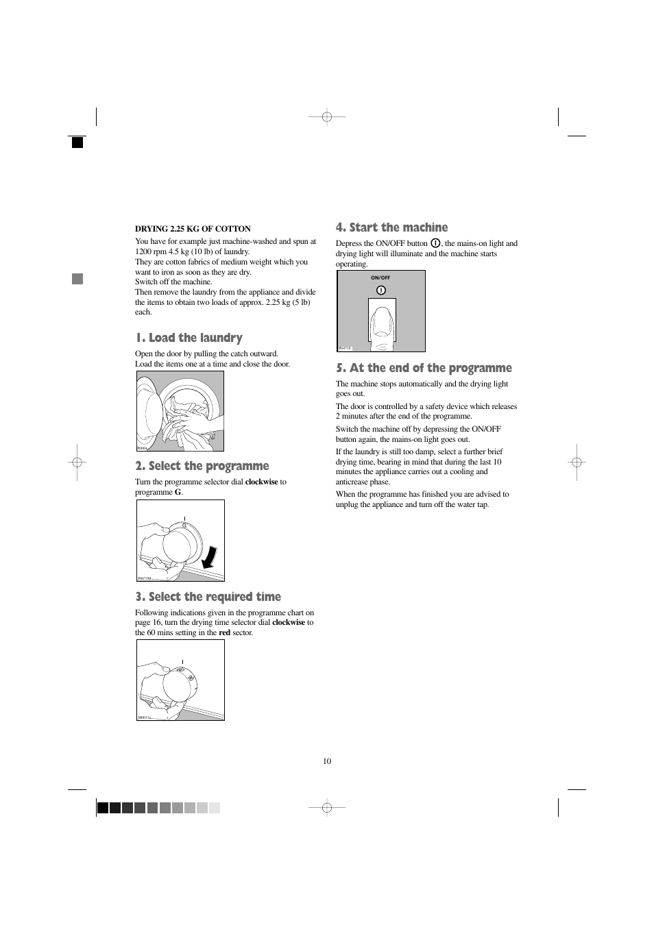 Load the laundry, Select the programme, Select the required time | Start the machine, At the end of the programme | Prima Donna Designs LPR 720 User Manual | Page 10 / 30