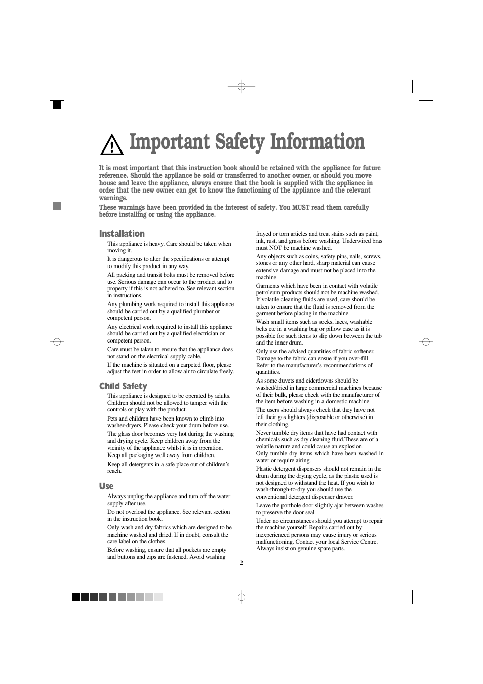 Important safety information, Installation, Child safety | Prima Donna Designs LPR 720 User Manual | Page 2 / 30