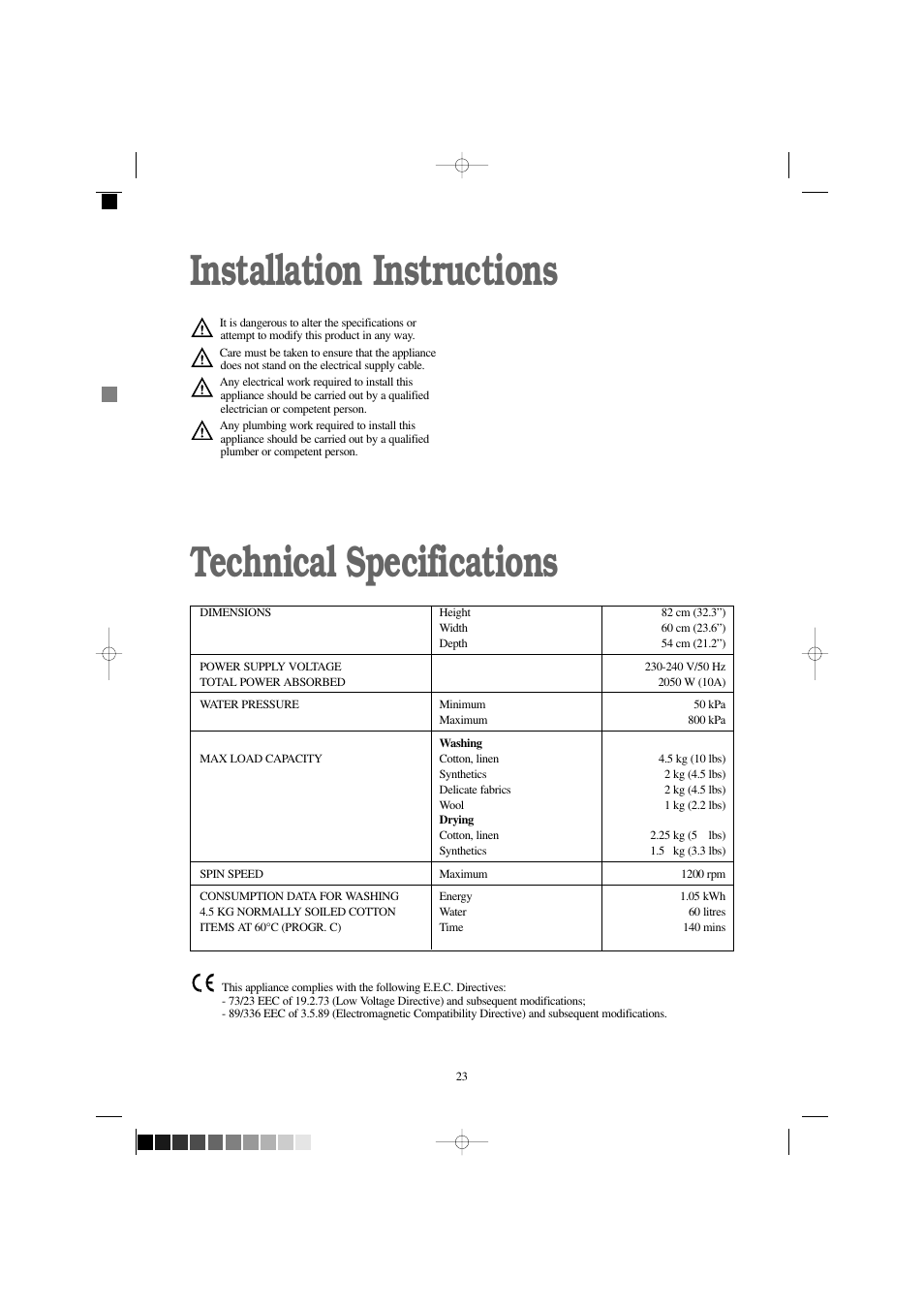 Installation instructions technical specifications | Prima Donna Designs LPR 720 User Manual | Page 23 / 30