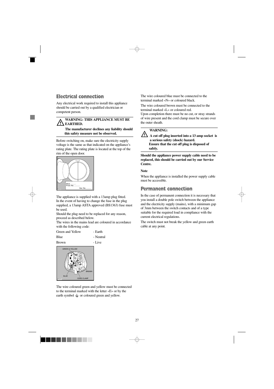 Electrical connection, Permanent connection, Mod. .......... prod. no. ........... ser. no | Prima Donna Designs LPR 720 User Manual | Page 27 / 30