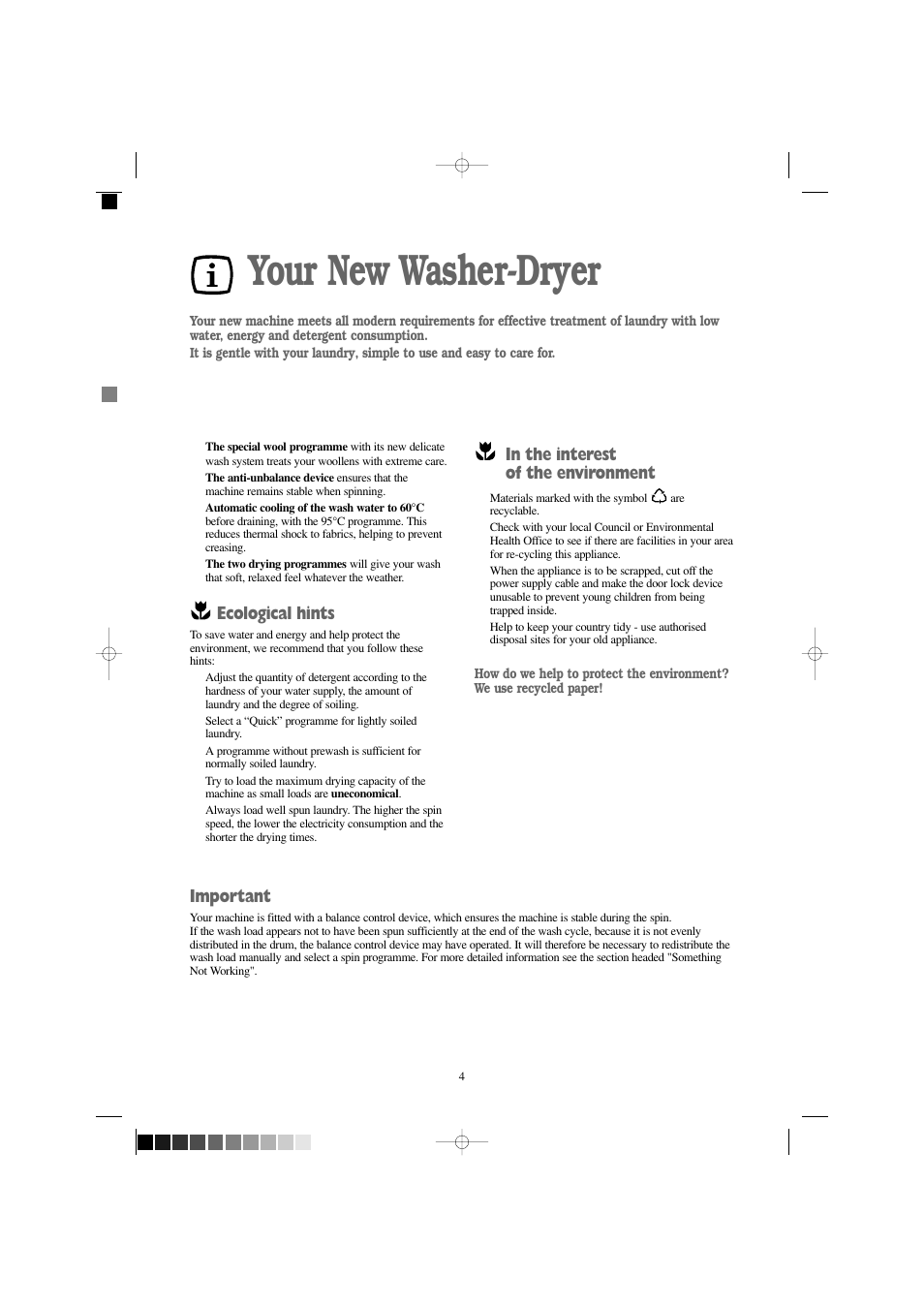 Your new washer-dryer, Ecological hints, Important | Prima Donna Designs LPR 720 User Manual | Page 4 / 30