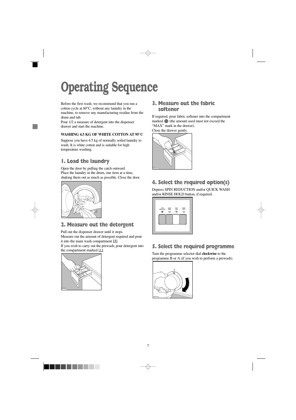 Operating sequence, Measure out the fabric softener, Select the required option(s) | Select the required programme, Load the laundry, Measure out the detergent | Prima Donna Designs LPR 720 User Manual | Page 7 / 30