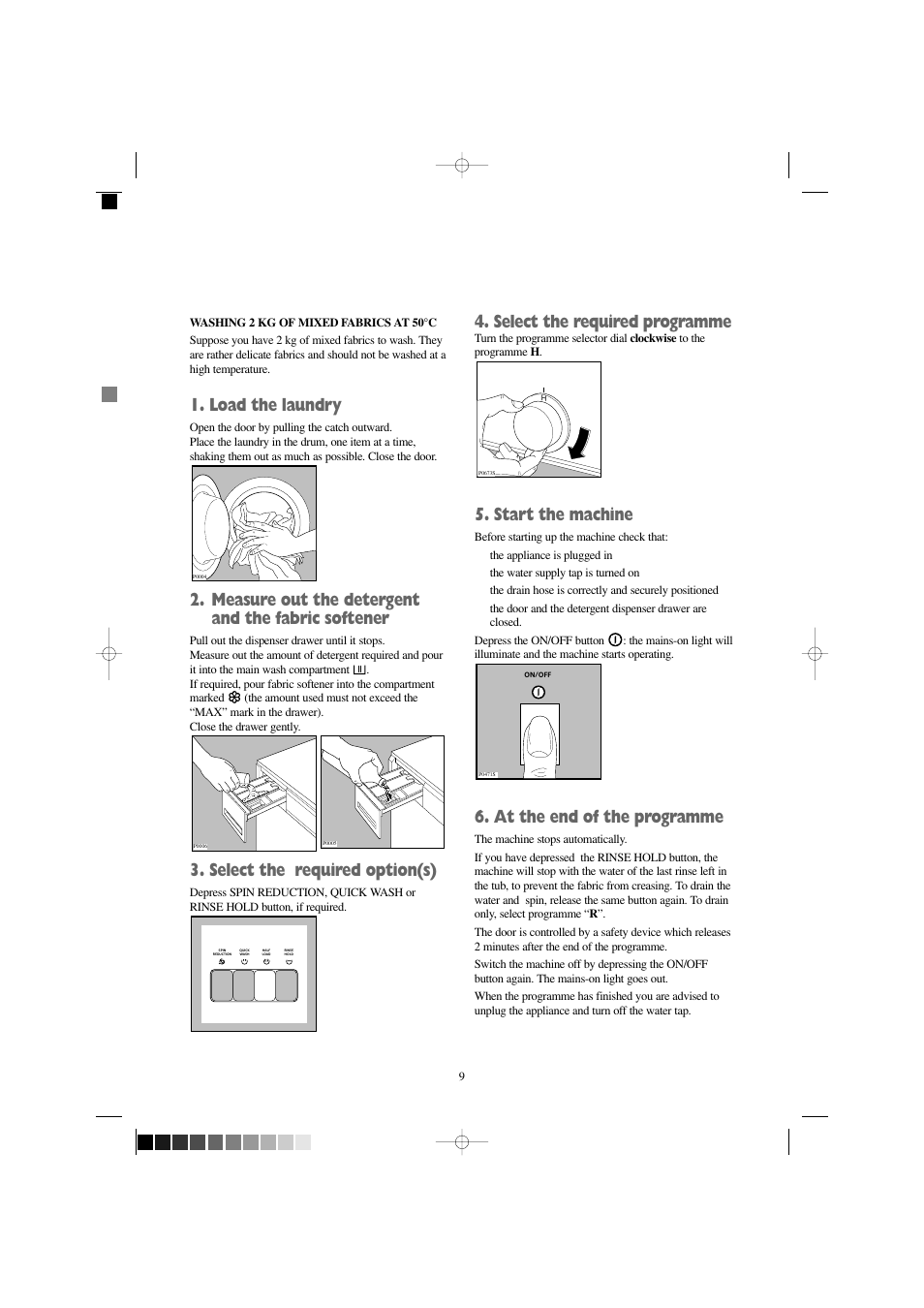 Load the laundry, Measure out the detergent and the fabric softener, Select the required option(s) | Select the required programme, Start the machine, At the end of the programme | Prima Donna Designs LPR 720 User Manual | Page 9 / 30