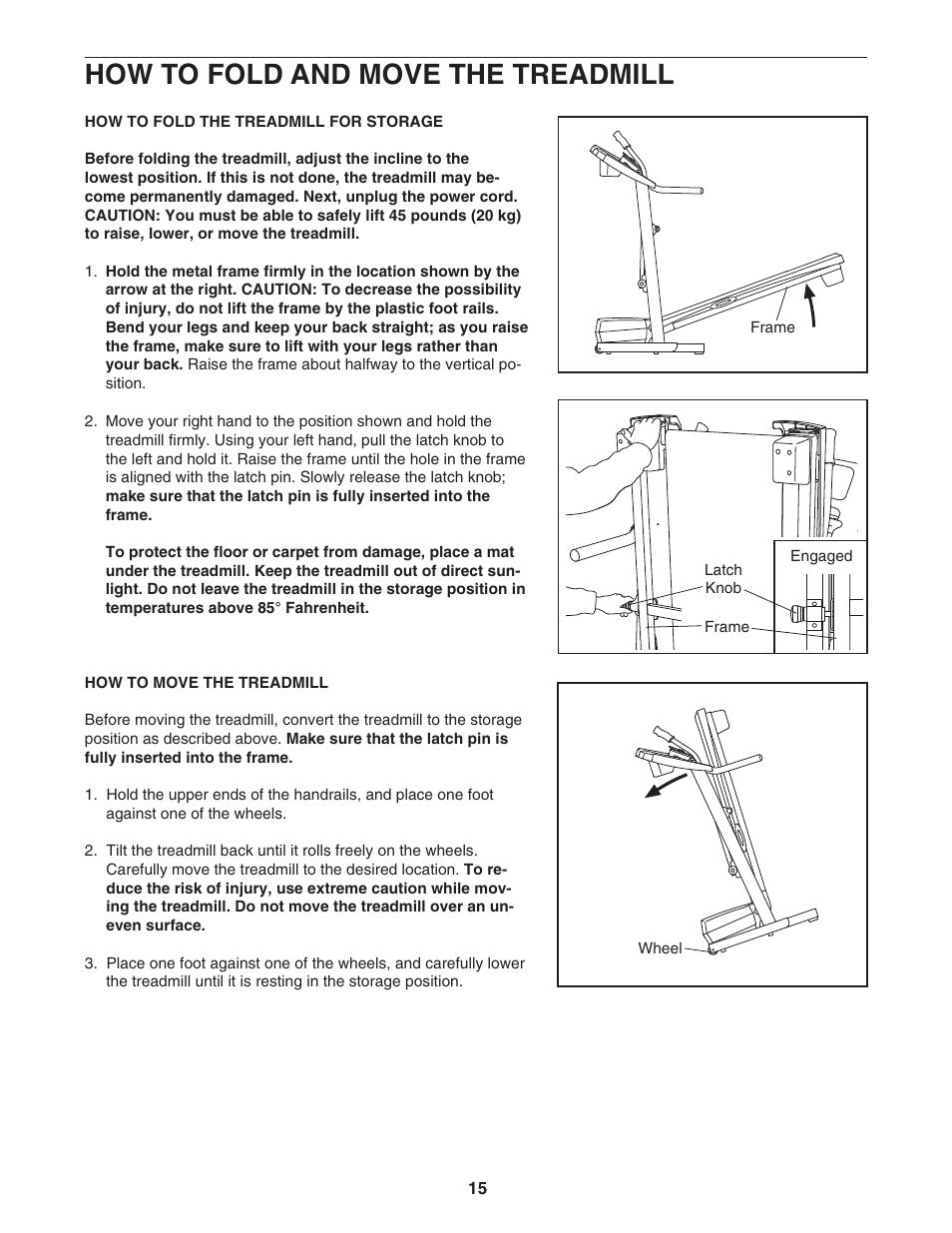 How to fold and move the treadmill | ProForm 29633.1 User Manual | Page 15 / 24