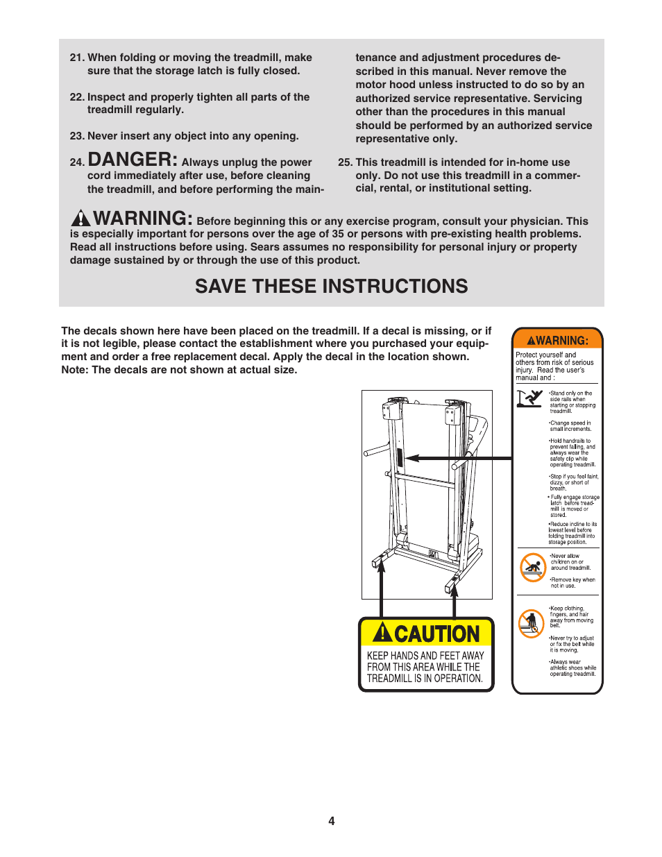 Danger, Warning, Save these instructions | ProForm 29633.1 User Manual | Page 4 / 24