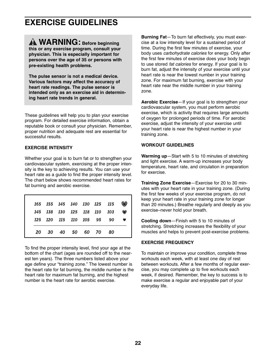 Exercise guidelines, Warning | ProForm 831.23744.1 User Manual | Page 22 / 28