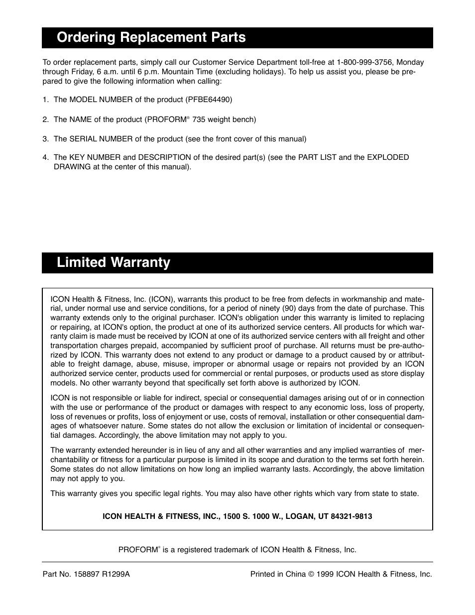 Ordering replacement parts, Limited warranty | ProForm PFBE64490 User Manual | Page 22 / 22