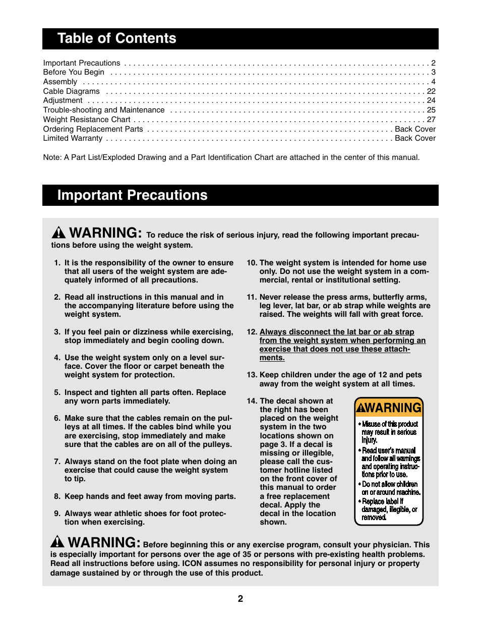 Warning, Table of contents important precautions | ProForm PFSY74490 User Manual | Page 2 / 33