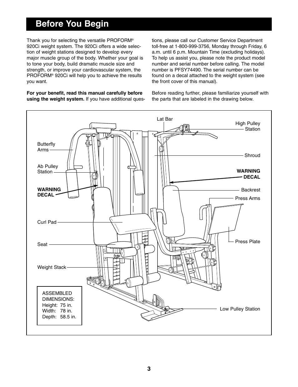 Before you begin | ProForm PFSY74490 User Manual | Page 3 / 33