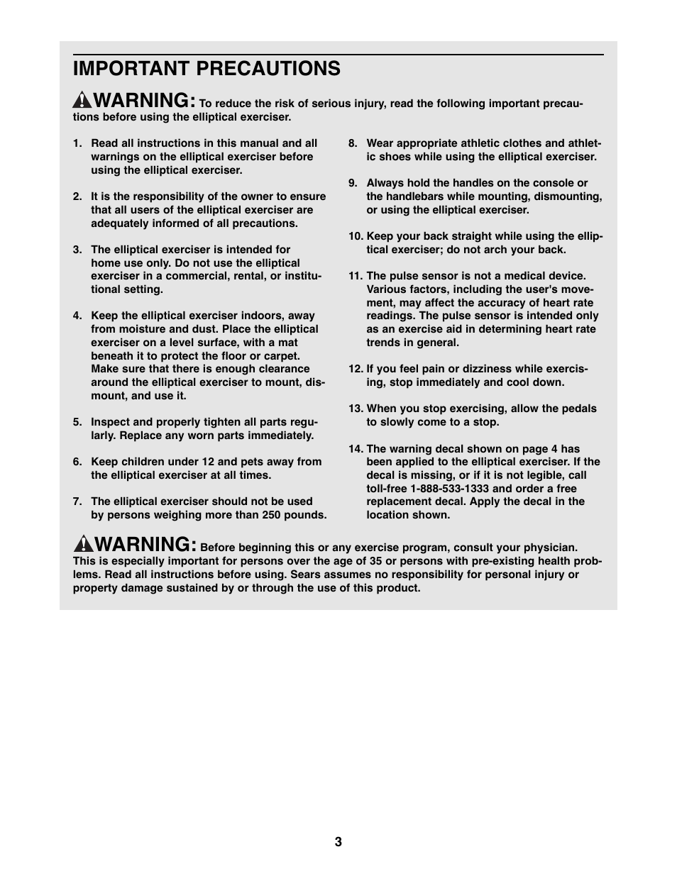 Important precautions warning, Warning | ProForm 831.28622.0 User Manual | Page 3 / 16