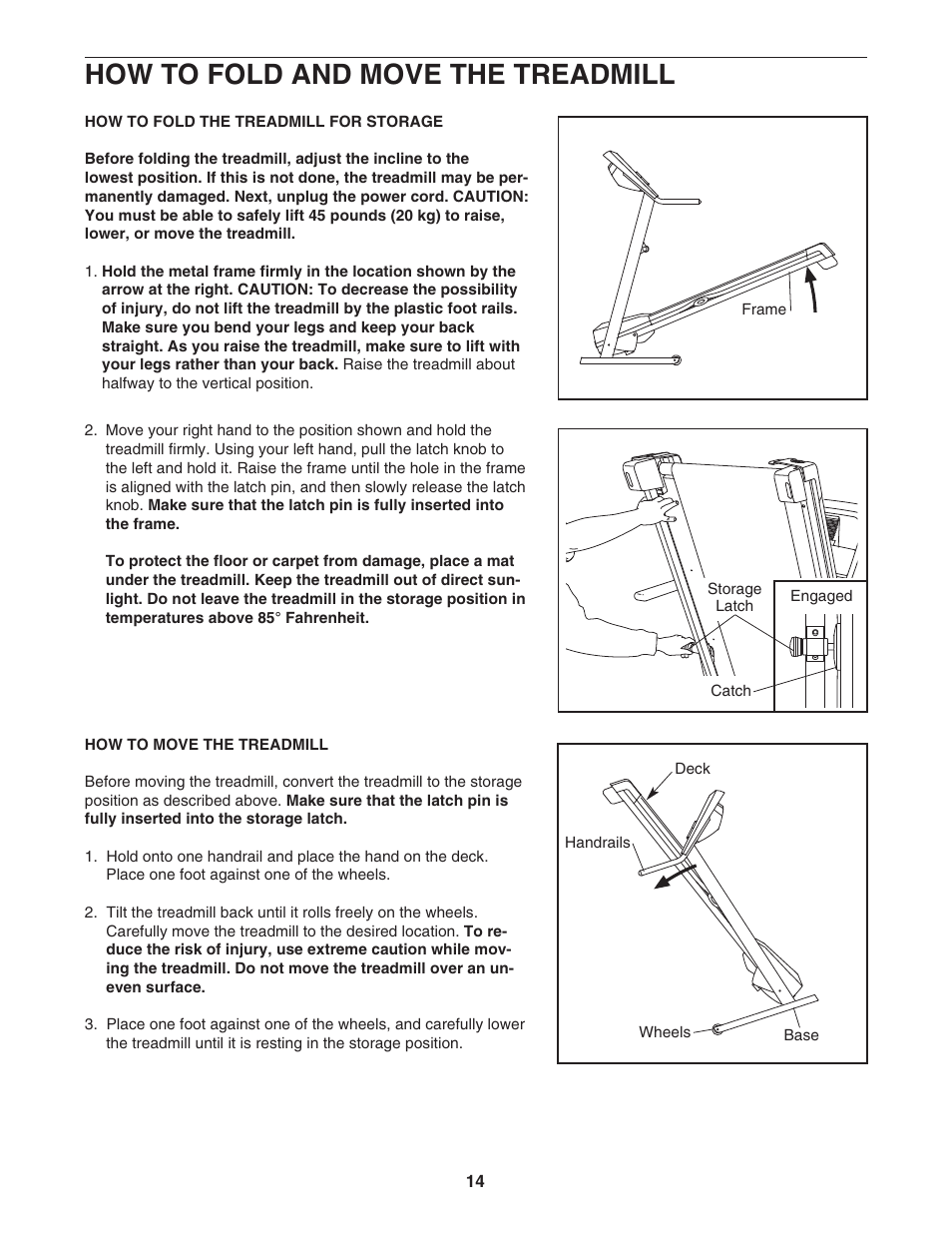 How to fold and move the treadmill | ProForm 495Pi PFTL33105.0 User Manual | Page 14 / 22