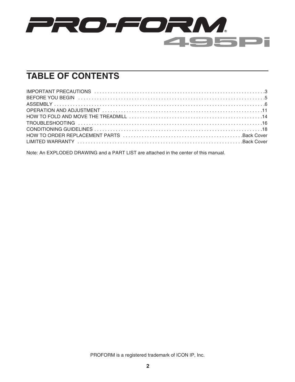 ProForm 495Pi PFTL33105.0 User Manual | Page 2 / 22